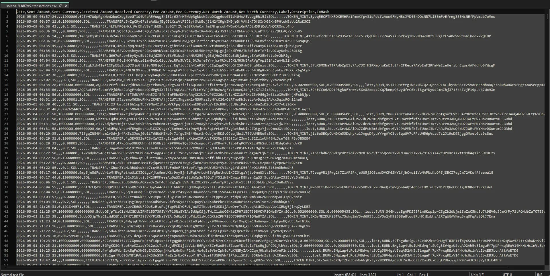 Example CSV export of Solana wallet transactions with date, sent amount, received amount, fee and transaction hash columns.